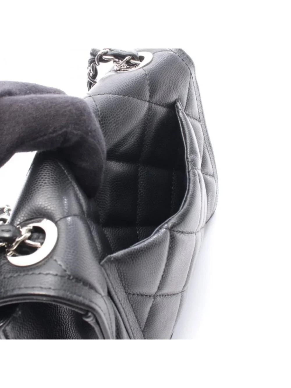 Chanel Shoulder Bag Quilted Black Caviar Leather Small Flap Chain